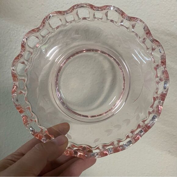 Vintage Pink Lancaster Glass Open Work Lace Nappy Bowl Dish Etched Floral 7" - Picture 5 of 8